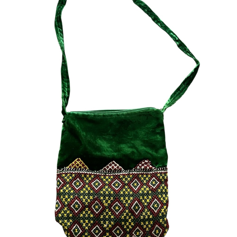 EUC Vintage Y2K Green Velvet Boho Style Beaded Shoulder Bag